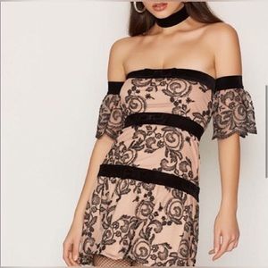 For Love & Lemons Clemece off-shoulder nude tulle mini dress